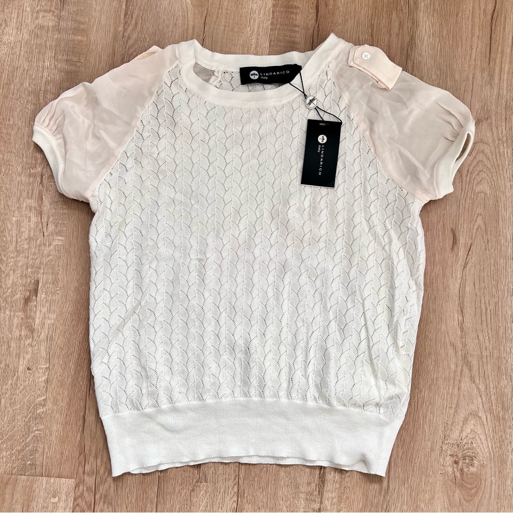 Lindarico Italy White Cotton Silk Thin Knit Short Sleeve Top Size 40 / Small NWT